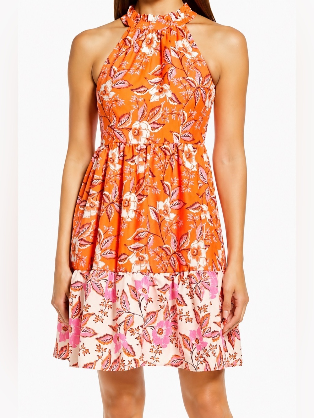 Eliza J high neck orange floral dress, size 8